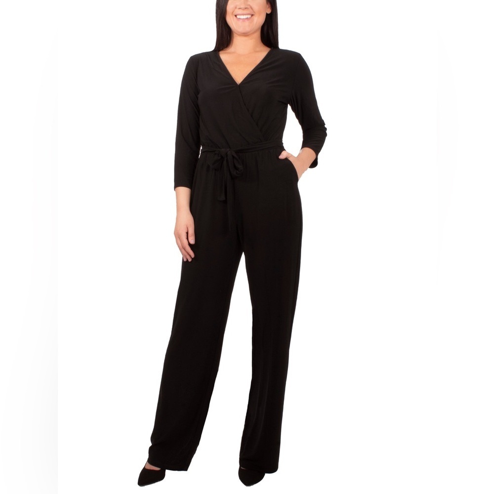 NY Collection Classic Black, Petite 3/4 Sleeve Belted Jumpsuit, Size Small NWT